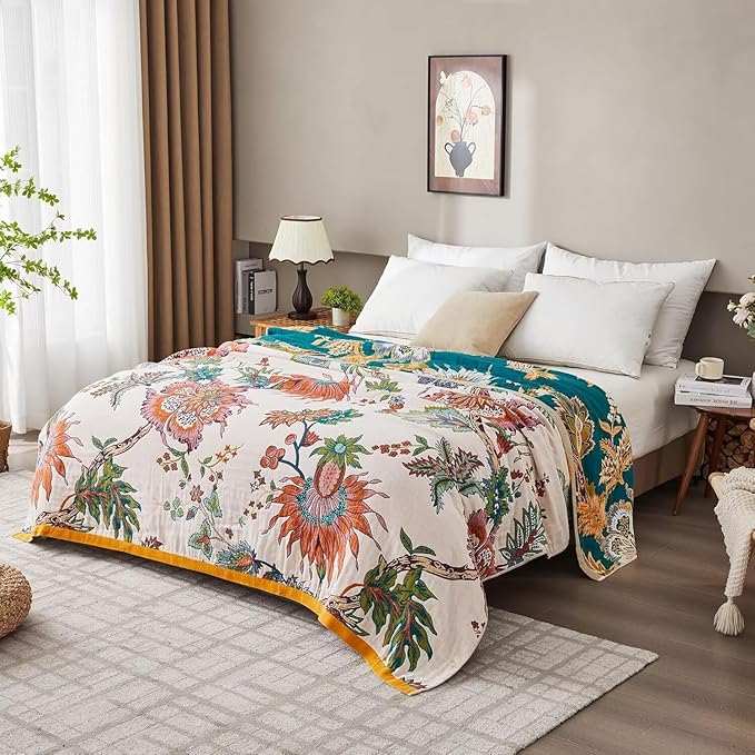 Boho Blanket for Bed 100% Cotton Bohemian Throw Blankets Ultra Soft Woven Muslin Decorative Blankets All Seasons Vintage Quilt Knitted Blanket for Sofa Chair(Beige, 80"x90")