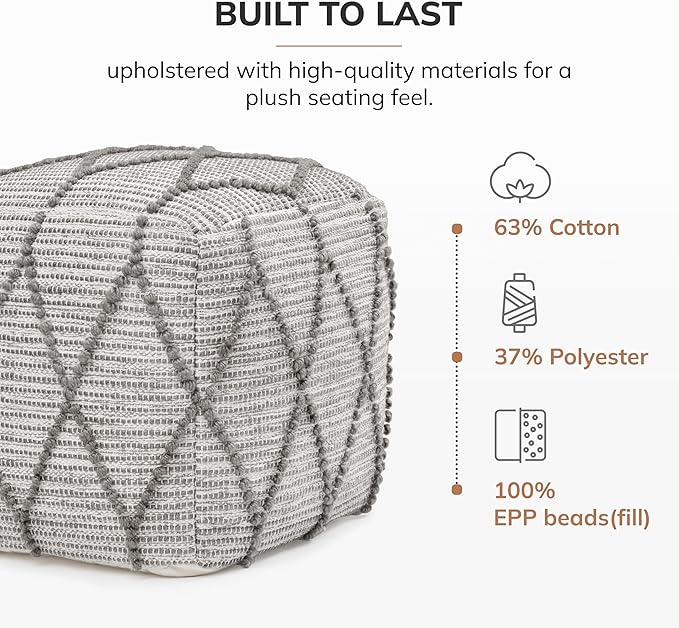 Anji Mountain Pouf Ottoman Foot Rest, Handmade Ottoman Pouf, Comfortable Foot Stool, Decorative Floor Seating for Living Room Decor, Bedroom & Home Décor Accent - Warm Gray
