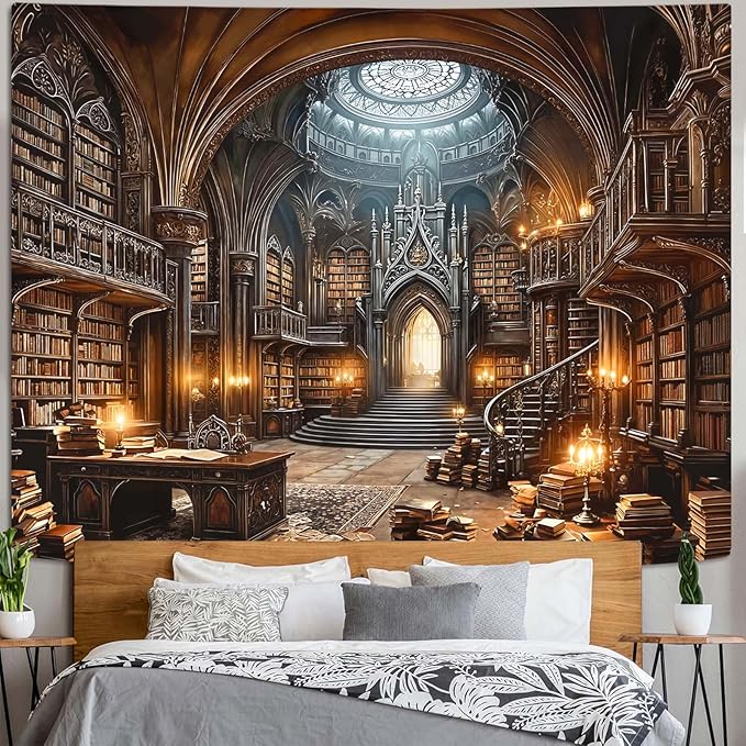 Accnicc Gothic Library Tapestry Medieval Bookshelf Tapestries Wall Hanging Goth Vintage Dark Academia Hall Library Backdrop Extra Large Tapestry for Bedroom Living Room Dorm Classroom 90 x 68 inch