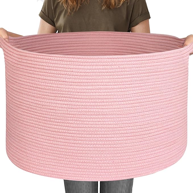 115L Oversized Pink Basket, 23.6"x15.7" Woven Cotton Rope Bin with Handles, XXXL Blanket Storage for Living Room, Kids Toy Storage Bin Box, Baby Laundry Basket for Organizing, Pink Room Decor