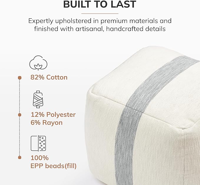Anji Mountain Pouf Ottoman Foot Rest, Handmade Ottoman Pouf, Comfortable Foot Stool, Decorative Floor Seating for Living Room Decor, Bedroom & Home Décor Accent - Ash Stripe