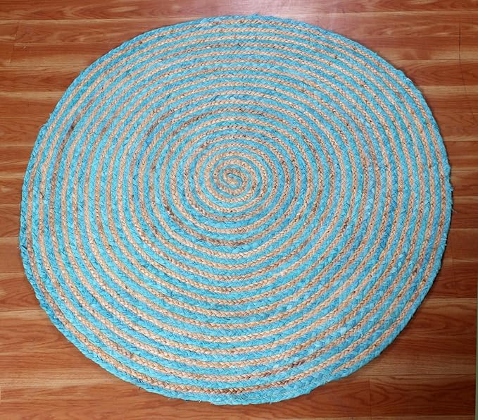 Circle Area Rug - 3 Ft' Round Blue Natural Chindi Cotton Jute Mat Geometric Kilim Rug Indoor Outdoor Use Flatweave Rugs for Bedroom Bedside Round Dining Table Mat Hall & Kitchen