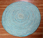 Circle Area Rug - 3 Ft' Round Blue Natural Chindi Cotton Jute Mat Geometric Kilim Rug Indoor Outdoor Use Flatweave Rugs for Bedroom Bedside Round Dining Table Mat Hall & Kitchen