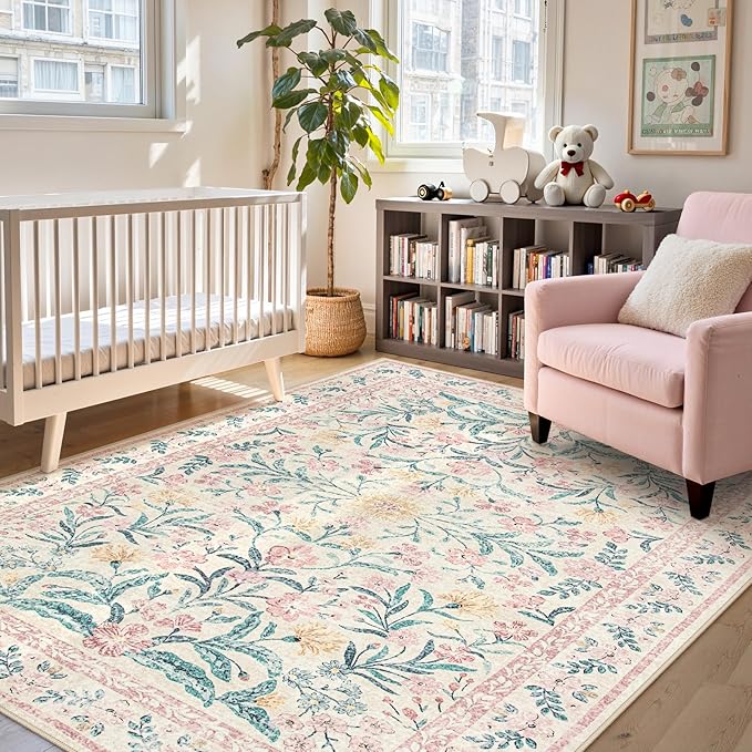 Lahome Sylvie Large Rugs for Living Room, Boho Machine Washable 8x10 Area Rugs Girls Bedroom Decor, Ultra-Thin Soft Distressed Floral Carpets Non Slip for Office Dining Room, Pink/Multi