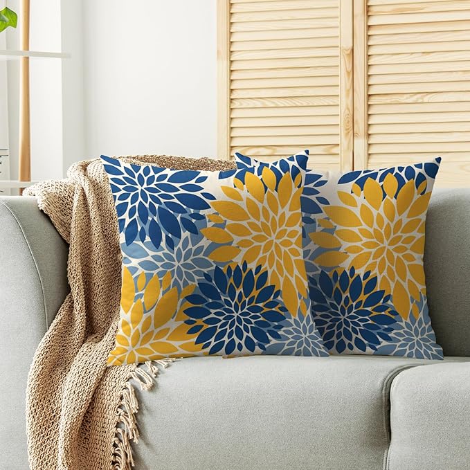 Blue Yellow Pillow Covers 20X20 Inch Set of 2, Dahlia Flower Spring Summer Floral Cream Decorative Throw Pillow Covers Outdoor Modern Farmhouse Cushion Case for Home Couch Sofa Bed Decor