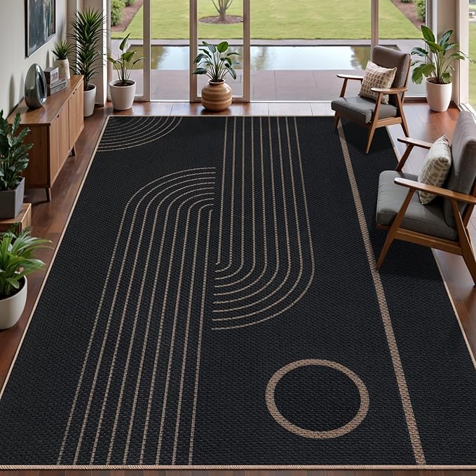 Tangsoo Modern Easy Jute Rug 6x9 Washable Area Rugs for Living Room,Black Non Slip Rubber Backing Indoor Outdoor Carpet,Farmhouse Large Throw Mat for Balcony Backyard Dining Room Home Office Decor