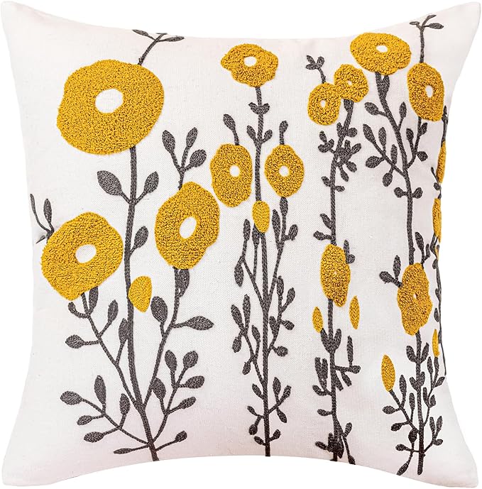 vctops Boho Floral Tufted Decorative Throw Pillow Cover Botanical Embroidered Cotton Cushion Cover for Couch Sofa Bed (Flower C,18"x18")