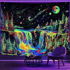 Zussun Blacklight Forest Tapestry for Bedroom Aesthetic Hippie Mountain Waterfall Tapestries Wall Hanging Glow in The Dark Moon and Stars Wall Tapestry for Living Room Dorm 60 × 44 Inch