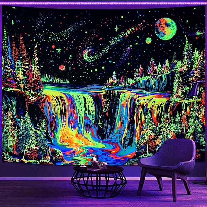 Zussun Blacklight Forest Tapestry for Bedroom Aesthetic Hippie Mountain Waterfall Tapestries Wall Hanging Glow in The Dark Moon and Stars Wall Tapestry for Living Room Dorm 48 × 36 Inch
