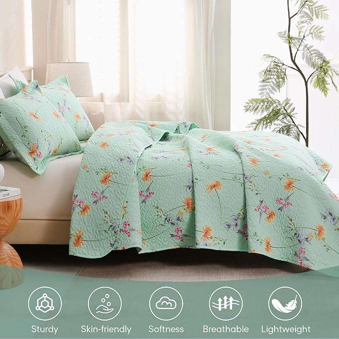 JSD Green Floral Quilt Set King Size, 3 Piece Printed Bedspreads Coverlet with Pillow Sham, Soft Microfiber Quilted Blanket