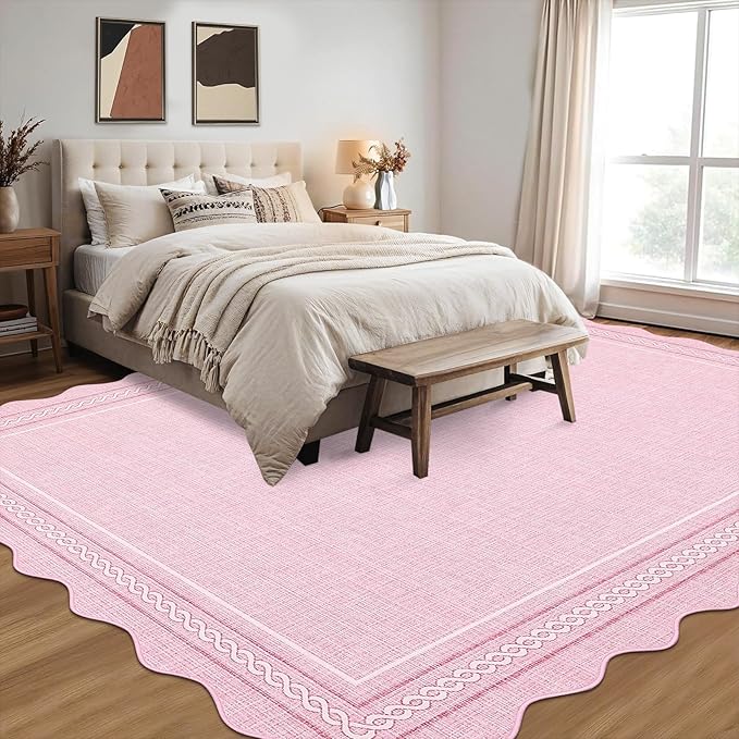 Garvee Scalloped Washable Rug 5x7 Area Rugs for Living Room Non Slip Throw Rugs Bedroom Rugs Low Pile Farmhouse Soft Non Shedding Stain Resistant Carpet for Girls Room Office Nursery 5'x7' Pink