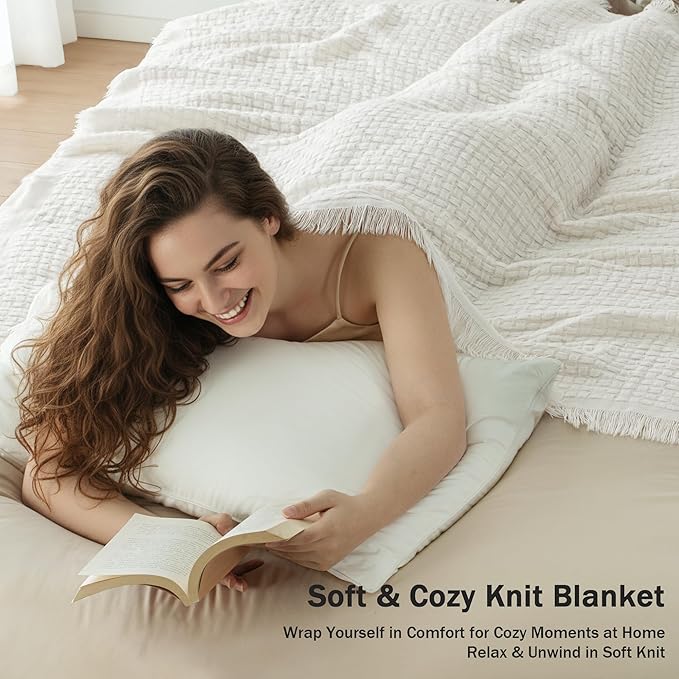 Exclusivo Mezcla Knit Throw Blanket with Fringes for Couch, Reversible Super Soft and Warm Woven Boho Throw for All Season, Home Decor, 50"x60", Ivory