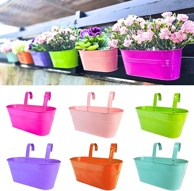 LaLaGreen Outdoor Hanging Planter (11.2 Inch, 6 Pack) Light Blue, Green, Neon Pink, Dark Blue, Orange, Peachy Pink Metal Iron Window Box Flower Pot Deck Railings Fence Rails Buckets Porch Garden Decor