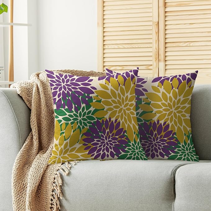 Purple Yellow Green Pillow Covers 22X22 Inch Set of 2, Modern Dahlia Floral Print Decorative Throw Pillow Covers Outdoor Farmhouse Cushion Case for Home Couch Sofa Bed Decoration