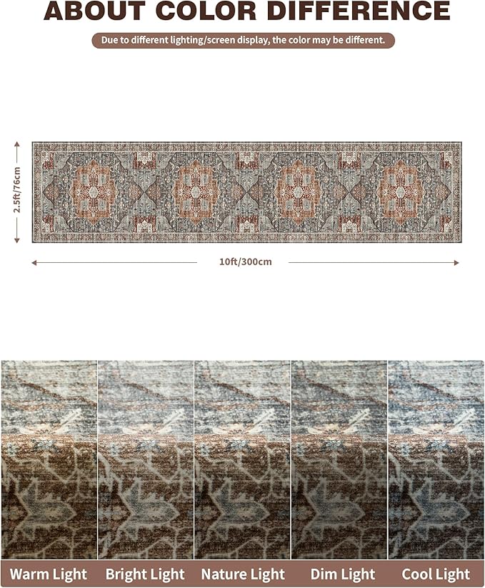 Washable Runner Rug 2.6x10 Runners for Hallways, Ultra-Thin Carpet Runners for Entryway Anti Slip Backing Runner Rugs for Kitchen Laundry Room Indoor Hallway (Grey/Brown/Tan)
