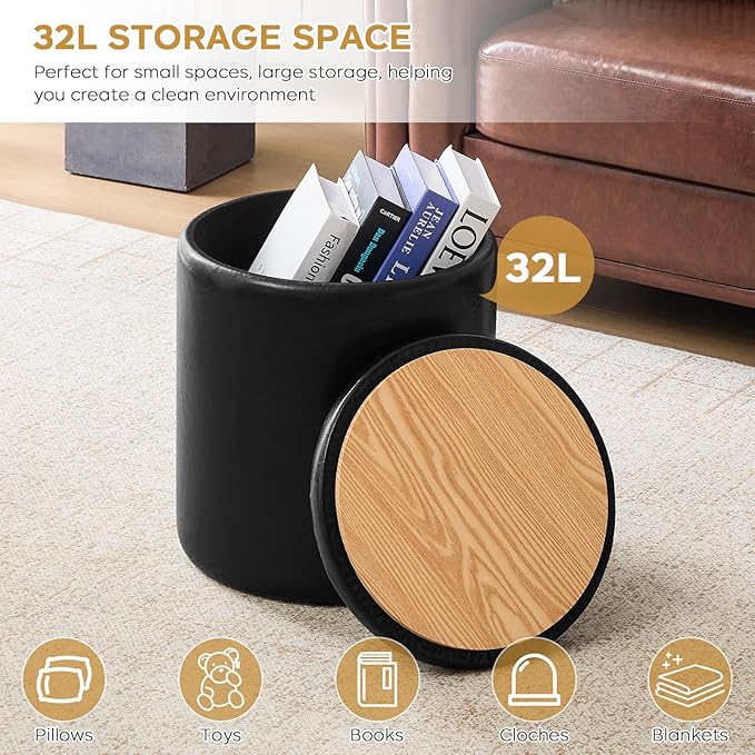 Round Ottoman with Storage Set of 2, 12.6" W x 14.17" H & 14.76" W x 17.32" H Faux Footstool Storage Ottomans for Bedroom, Living Room Padded Coffee Table Ottomen, Black