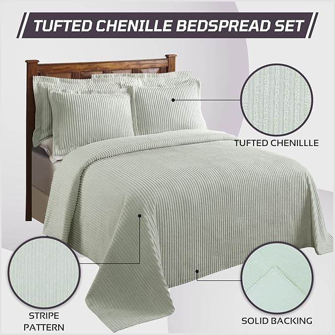 Better Trends Chenille Bedspreads Twin Size, Sage 100% Cotton Chenille Stripe Design Tufted Bedding Coverlet Soft Lightweight, 96"x110" with 1 PC Sham 2 Pieces Set Jullian Collection