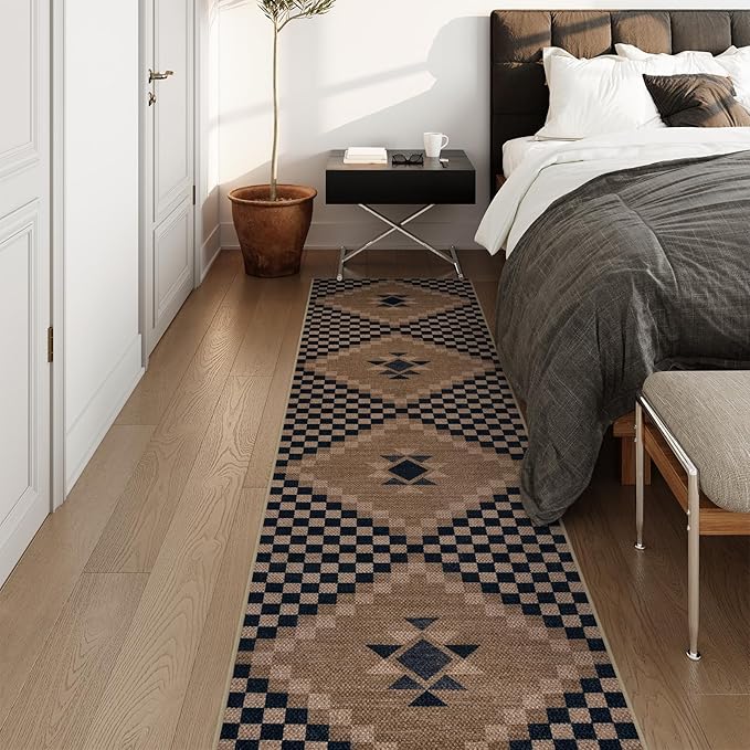 LIVEBOX Easy Jute Rug Runner for Hallway Non Slip, Washable Rug 2x8 for Kitchen, Black Checkered Long Hallway Rugs, Farmhouse Carpet Runner for Laundry Room Bedroom