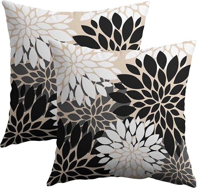 Black White Grey Gray Pillow Covers 18X18 Inch Set of 2, Modern Geometry Dahlia Floral Print Decorative Throw Pillow Covers Outdoor Farmhouse Cushion Case for Home Couch Sofa Bed Decoration