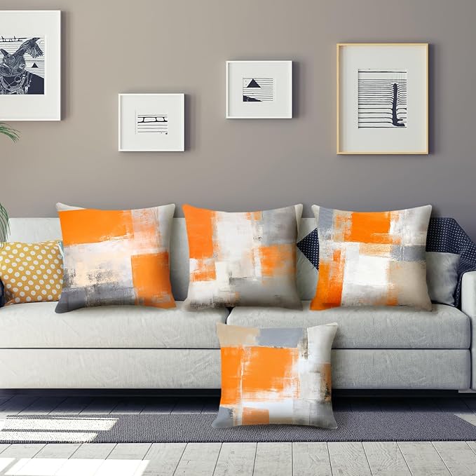 HOSTECCO Orange and Grey Throw Pillow Covers 18x18 inch Set of 4 Orange Abstract Art Pillow Cases Contemporary Square Decorative Cushion Covers for Sofa Couch Bed