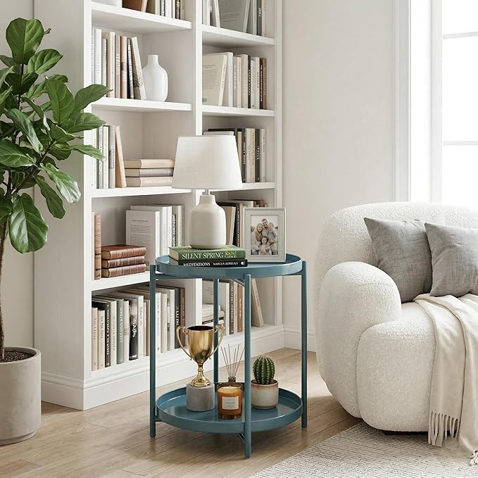 TeoKJ 2 Tier Round Side Table, Folding Round Metal End Table Small Nightstand with Two Removable Tray for Bedroom Living Room Bedside Small Spaces Blue Gray