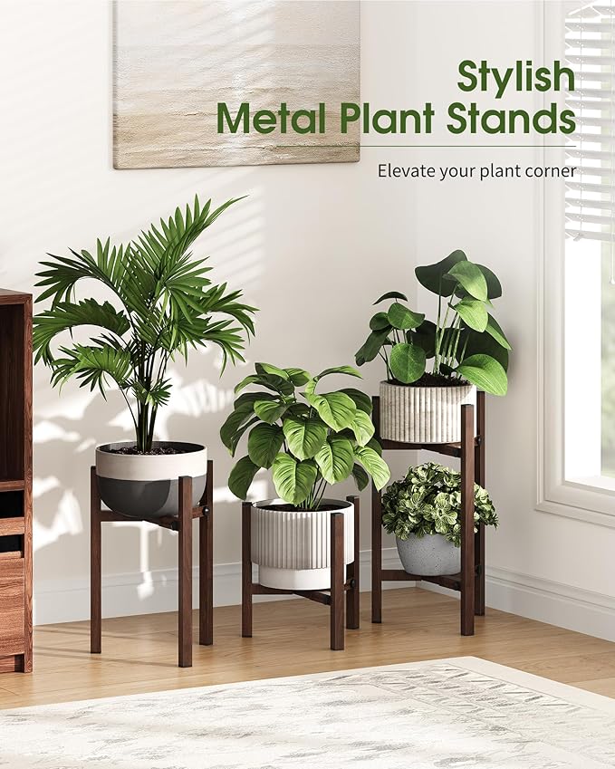 3 Pack Plant Stand Indoor Adjustable, Metal Modern Indoor Plant Stand, Heavy Duty Single Plant Stands Outdoor Corner, Stable Plant Holder Indoor Stand, Fits 8 to 12 Inches Pots, Walnut Wood-Grain