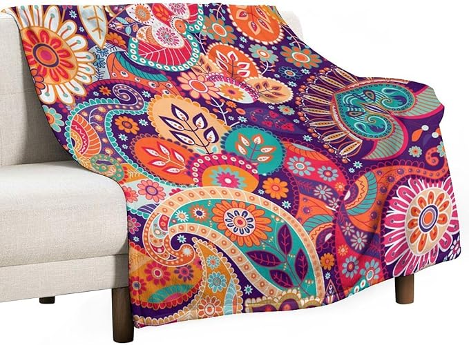 Boho Paisley Floral Throw Blanket Mandala Indian Bohemian Colorful Flowers Blanket for Sofa Bed Couch Chair Or Dorm 40"x50"