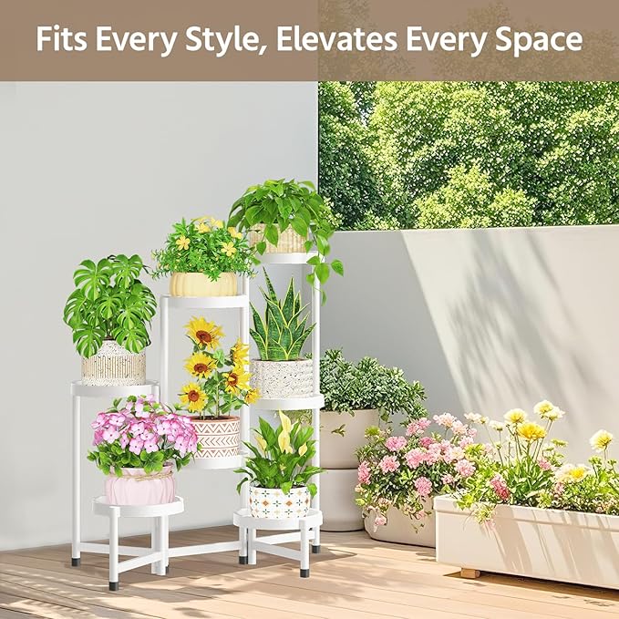 LASZOLA 7 Tiered Plant Stand Indoor Outdoor with Plastic Tray, Corner Folding Tall Flower Display Rack, Modern Plant Holder Shelf for Outdoor Patio Porch Garden Office Living Room, White