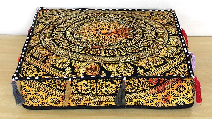 ICC Large Square Cotton Mandala Cushion Cover Hippie Ottoman Pouf Cover Daybed Floor Pillow Cover with Heavy Duty Zipper Seating Ottoman Poufs Dog-Pets Bed (Yellow 4 flower, 18" Square)