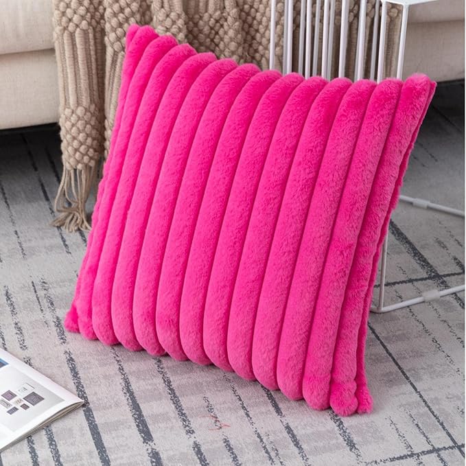 ZLINA Set of 2 Hot Pink Faux Fur Decorative Throw Pillow Covers Fluffy Striped Pillowcase Cushion Covers 22 x 22 Inch Decor Sofa Couch Bedroom
