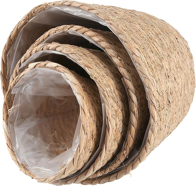 Set of 4 Seagrass Planter Basket, 6" 7" 9" 10" Hand Woven Plant Basket with Waterproof Plastic Liner, Round Natural Flower Pot for Indoor Outdoor Modern Home Decoration, Brown