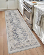 DEXI Kitchen Floor Mats Anti Fatigue, 17x59 Cushioned Vintage Runner Rug Waterproof, Standing Comfort Memory Foam Padded for Front Sink Laundry Office, White