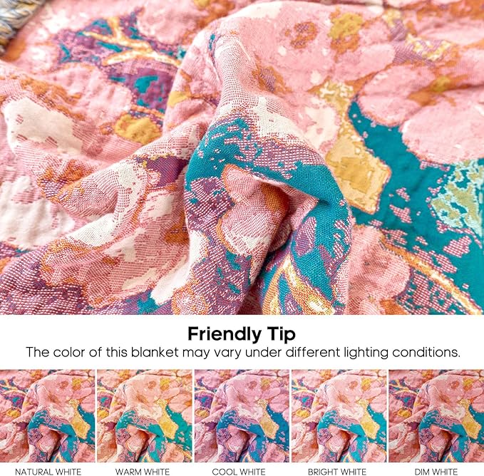 Boho Floral Throw Blanket 60"x80" 100% Cotton Twin Size Bed Blanket with Tassels,Reversible Soft Breathable Lightweight Decorative Flower Blankets for Couch Sofa Farmhouse Decor All Season