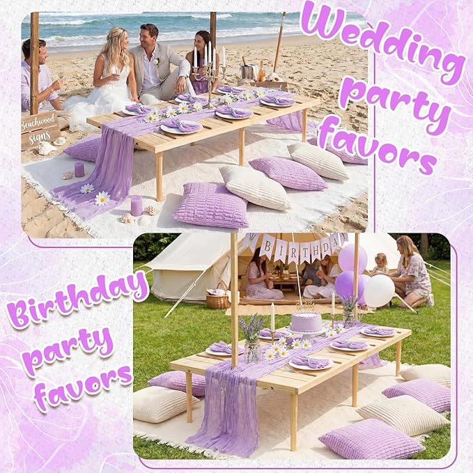 91 x 71 Extra Large Outdoor Boho Picnic Blanket with Purple Table Runner, 6 Throw Pillow Covers 6 Napkins Woven Cotton Yarn Oversize Beach Blanket Washable Picnic Camp Wedding