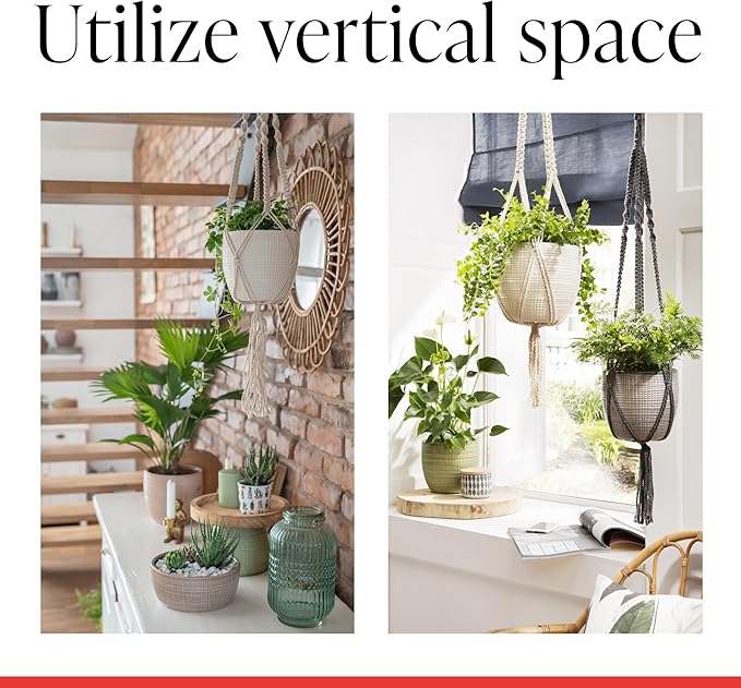 Scheurich Corteza Sky Vainilla Ceramic 6.1" Hanging Planter – with 35.4" Macramé Hanger - Waterproof - Boho Decorative Hanging Basket for Indoor Plants, Succulents&Flowers - Made in Germany - 0.7 gl