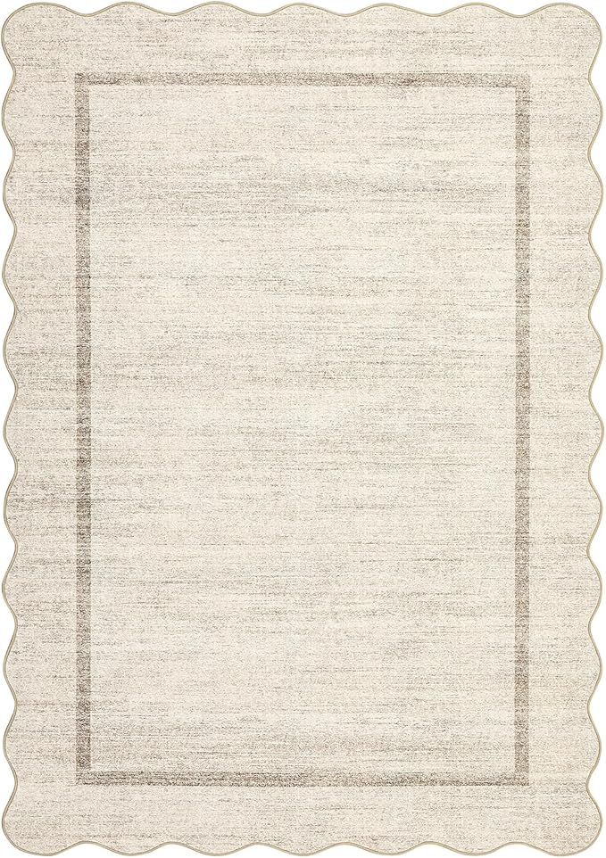 GarveeHome Scalloped Washable Rug, 2x3 Kitchen Rugs for Entryway Bathroom, Soft Door Mat Indoor Entrance Ultra-Thin, Small Non-Slip Throw Carpet for Bedroom Entry Laundry, Beige