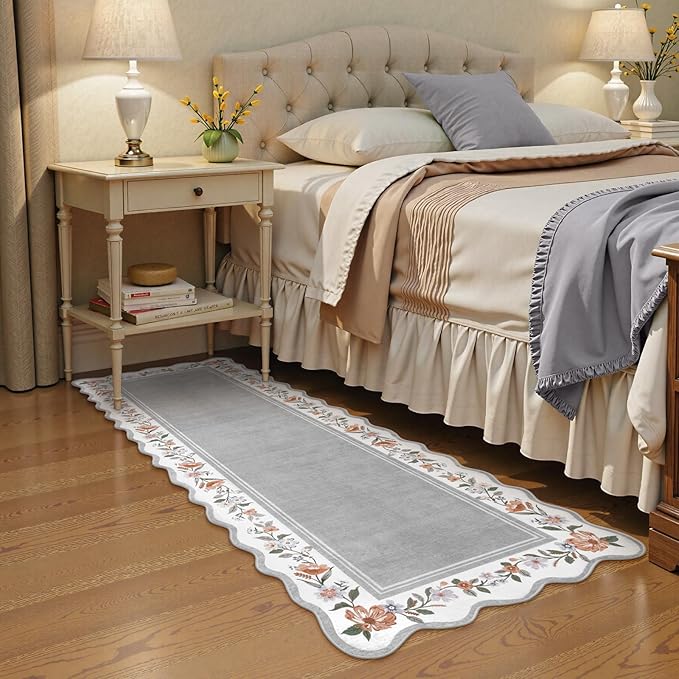 Lahome Runners for Hallways Non Slip Washable Runner Rug,Scalloped Kitchen Runners Rug with Non Slip Backing,Low Pile Soft Boho Floral Runner for Hallway, Entryway, Laundry, Bedroom Ariele