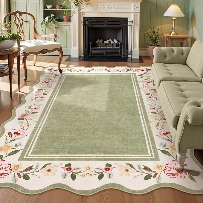 Lahome Scalloped Rug Green Living Room Rugs 8x10,Non-Slip Soft Bedroom Rugs Stain Resistant, Floral Bedroom Rug 8x10 Under Bed Carpet for Nursery Playroom Dining Room Ariele
