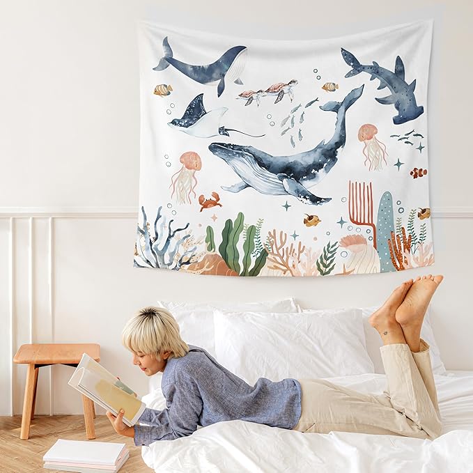 WARDOS Whales Ocean Animal Tapestry, Shark Whale Beach Tapestry Wall Decor, Kids Room Wall Decor, Ocean Sea Animals Wall Blanket Decor for Toddler Kids Nursery Bedroom Playroom, 50x60 Inch