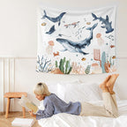 WARDOS Whales Ocean Animal Tapestry, Shark Whale Beach Tapestry Wall Decor, Kids Room Wall Decor, Ocean Sea Animals Wall Blanket Decor for Toddler Kids Nursery Bedroom Playroom, 50x60 Inch