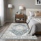 9x12 Vintage Washable Area Rug for Living Room,Low Pile Non Slip Carpet Non-Shedding Large Area Rug Soft Indoor Stain Resistant Rug Boho Print Mat for Bedroom Dining Room Blue Beige Multi