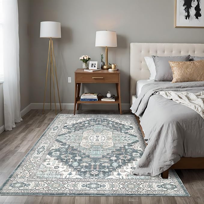 5x7 Vintage Washable Area Rug for Living Room,Low Pile Non Slip Carpet Non-Shedding Area Rug Soft Indoor Stain Resistant Rug Boho Print Mat for Bedroom Dining Room Blue Beige Multi
