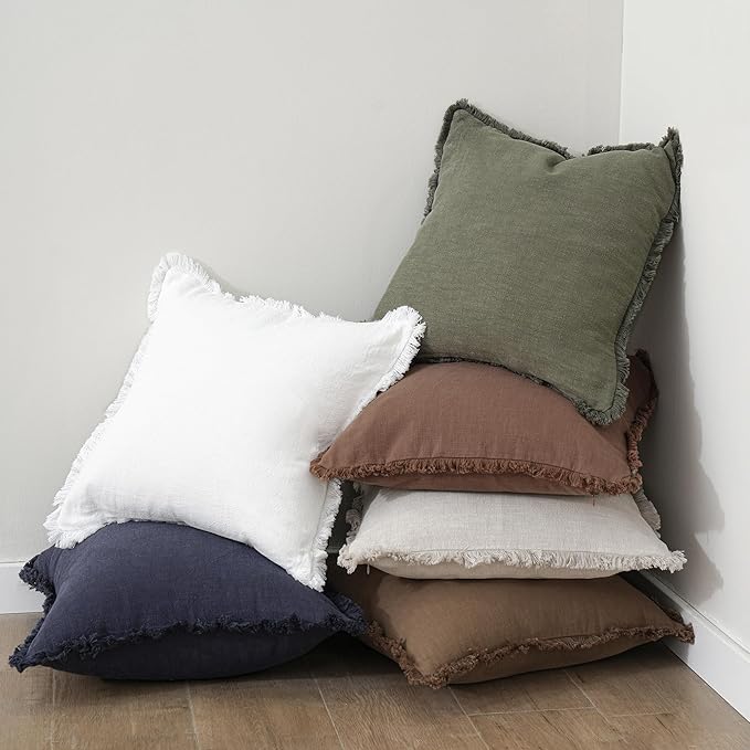 Foindtower Set of 2 Decorative Linen Fringe Throw Pillow Covers Cozy Boho Farmhouse Cushion Cover with Tassels Soft Accent Pillowcase for Couch Sofa Bed Living Room Home Decor, 22×22 Inch, Olive Green