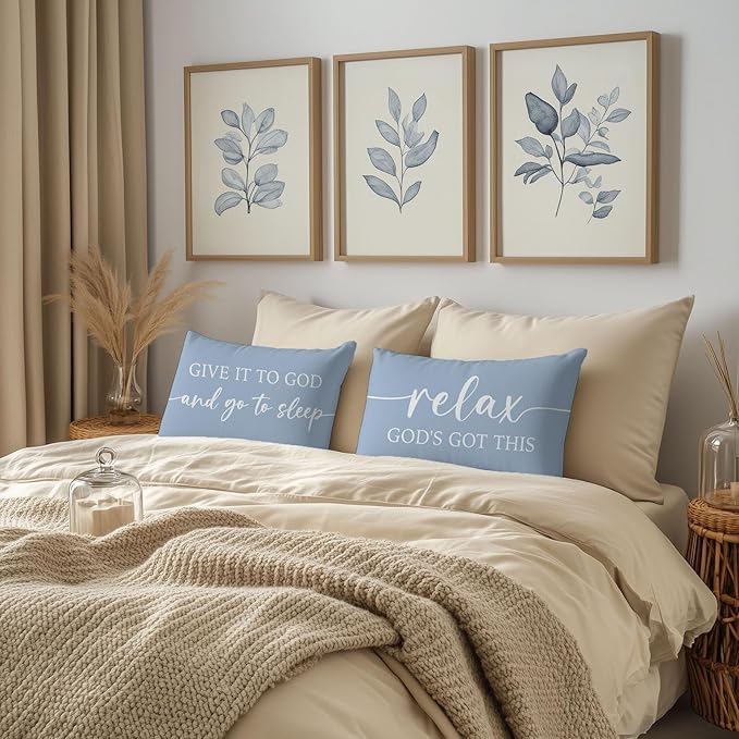 Dusty Blue Decorative Pillow Covers 12x20 Inch Set of 2 – Christian Gifts for Her – Relax God’s Got This/Give It to God and Go to Sleep – Faith Bedroom Lumbar Decor