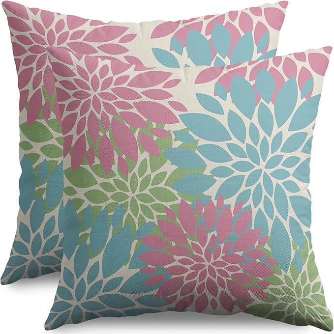 Blue Pink Green Spring Pillow Covers 22X22 Inch Set of 2, Modern Dahlia Floral Print Decorative Throw Pillow Covers Outdoor Farmhouse Cushion Case for Home Couch Sofa Bed Decoration