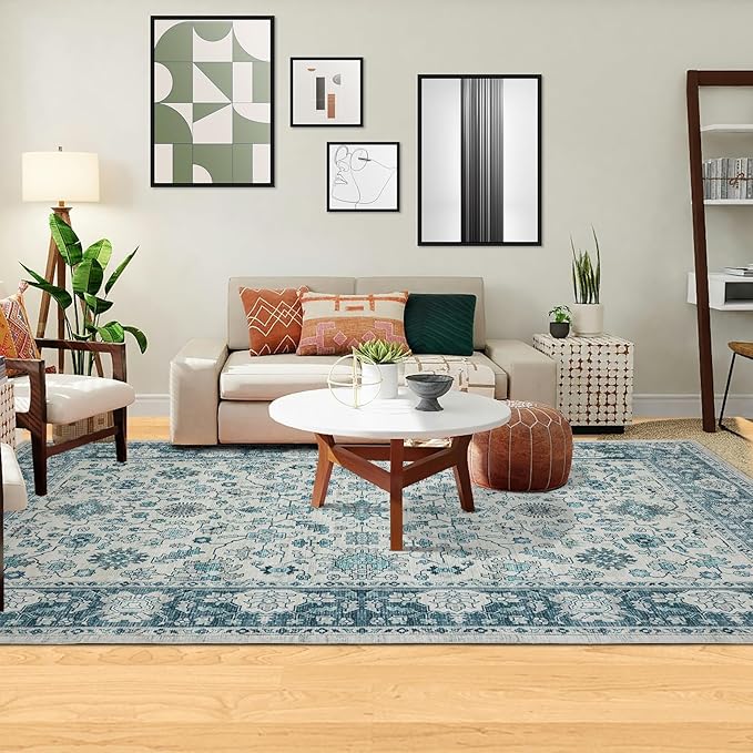 Area Rug 6×9, Large Vintage Boho Rug,Ultra-Soft Low Pile, Washable, Non Slip,Stain Resistant, Printed Carpet for Living Room Bedrooms Playroom Office Kitchen,Turquise/Cream