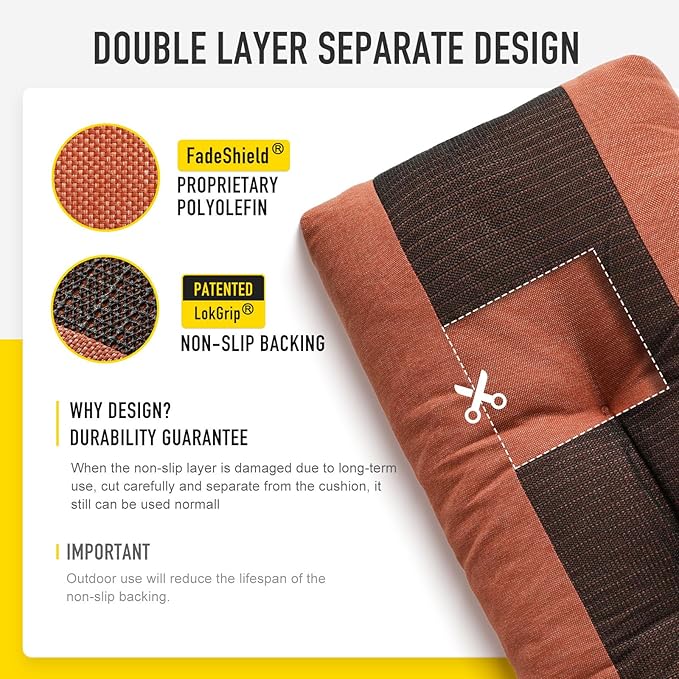 SUNROX LokGrip Non Slip Tufted Memory Foam Bench Cushion, FadeShield Water Resistant Durable Thicken Outdoor/Indoor Bench Seat Pads 36x14x4 inch, Terracotta
