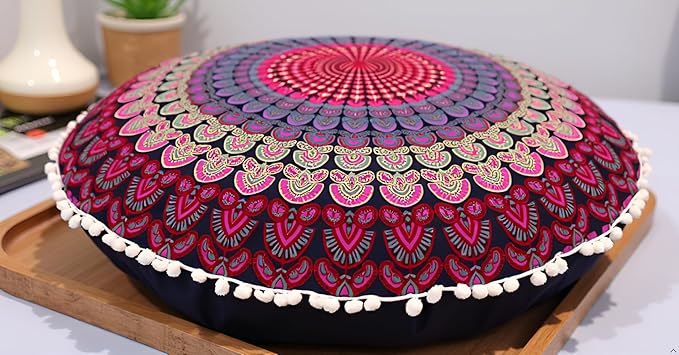 CRAFT KALA 22" Mandala Meditation Floor Pillows Cover Pouf Cover Round Seating Bohemian Mandala Cotton Floor Cushion Cover Outdoor Fireplace Seating Living Room Yoga Room Home Décor Pink