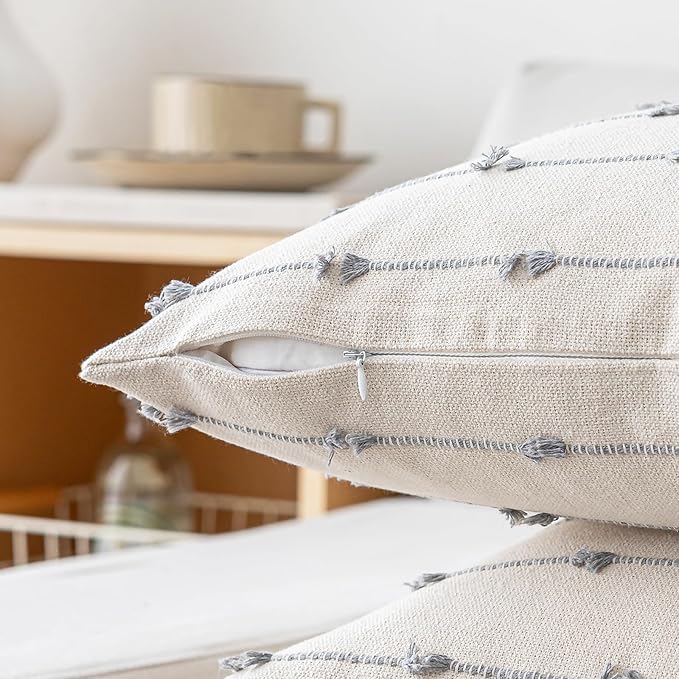 Boho Throw Pillow Covers 24x24 Set of 2 Modern Farmhouse Decorative Cushion Case Tufted Square Pillows Cover Neutral Pillow Cases Accent Pillowcase for Sofa,Couch,Bed,Beige and Grey