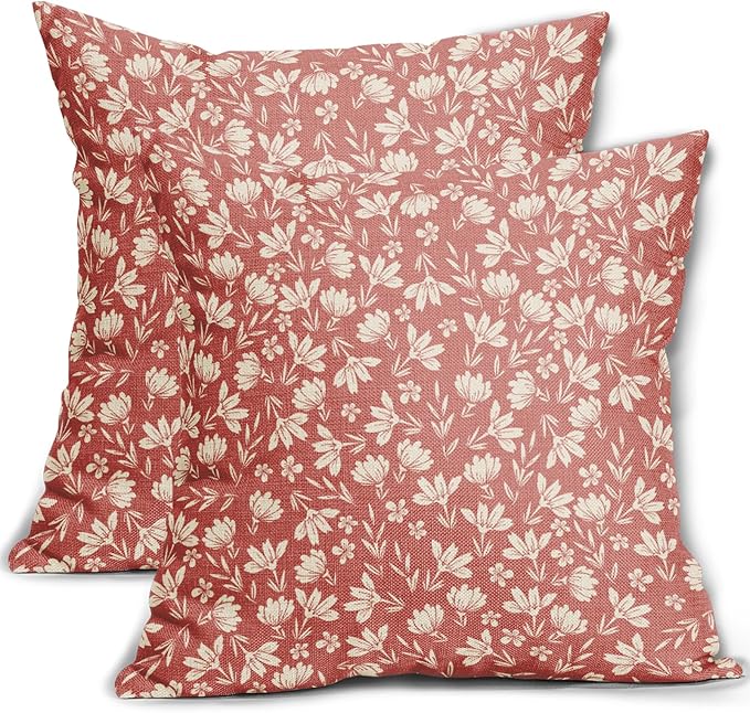 Coral Pink Pillow Covers 24x24 Set of 2 Vintage Floral Rustic Old Style Cute Flower Print Decorative Outdoor Pillowcases Seasonal Farmhouse Throw Cushion Case Decor for Couch Sofa Bed
